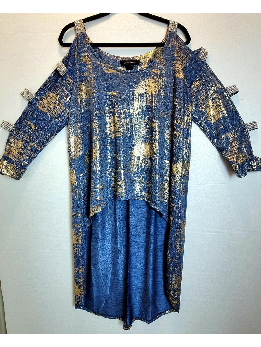 NWT Ashley Stewart Blue and Gold Cold Shoulder High Low Tunic Top Size 18/20